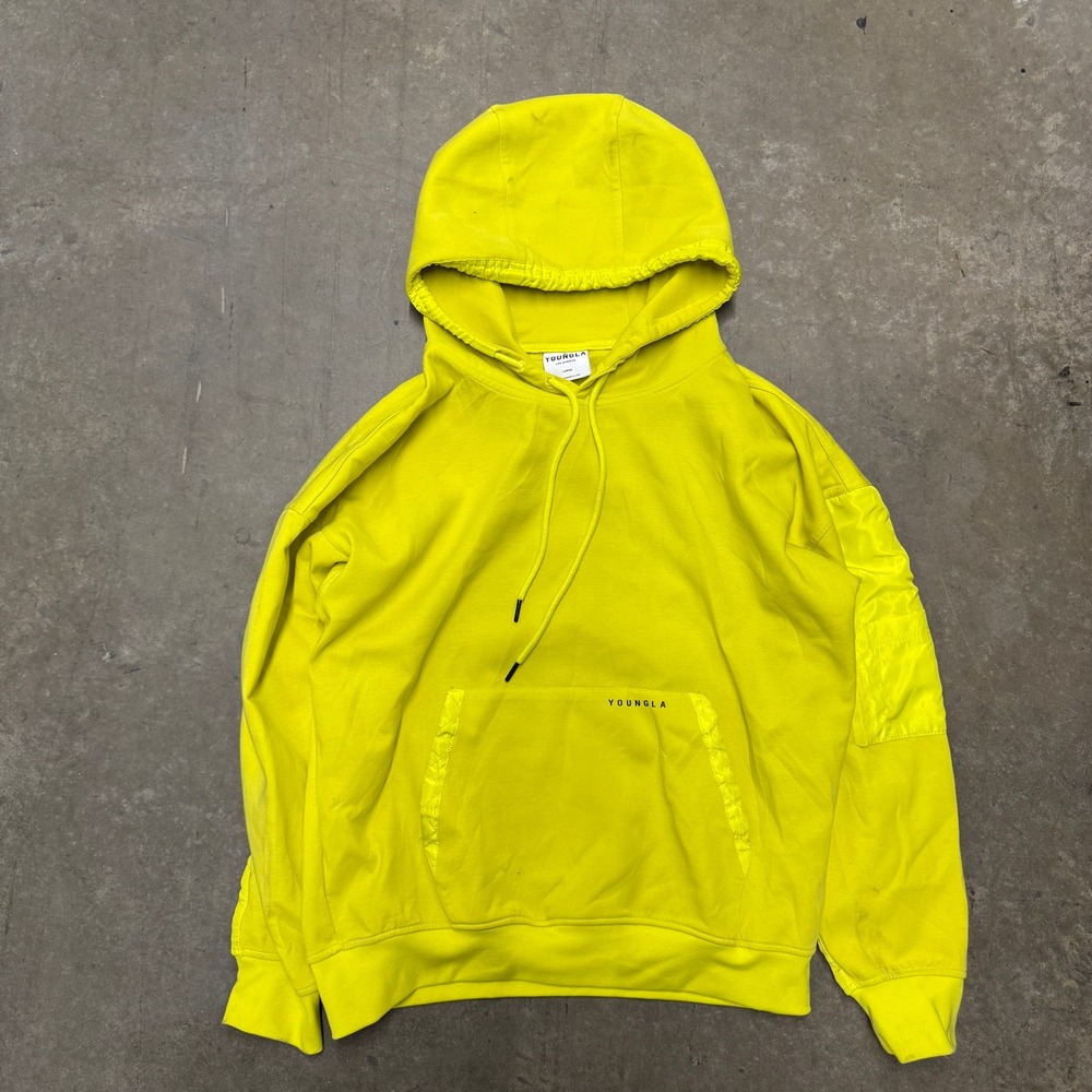 YoungLA Always Improving Hoodie Neon Yellow Graphic Utility Pocket Mens Large